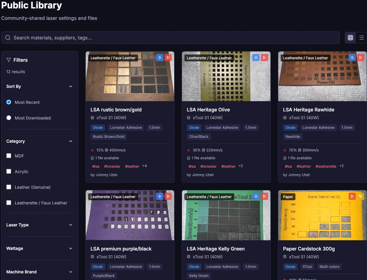 Laser Settings Hub Public Library showing searchable material cards with test grid photos and settings